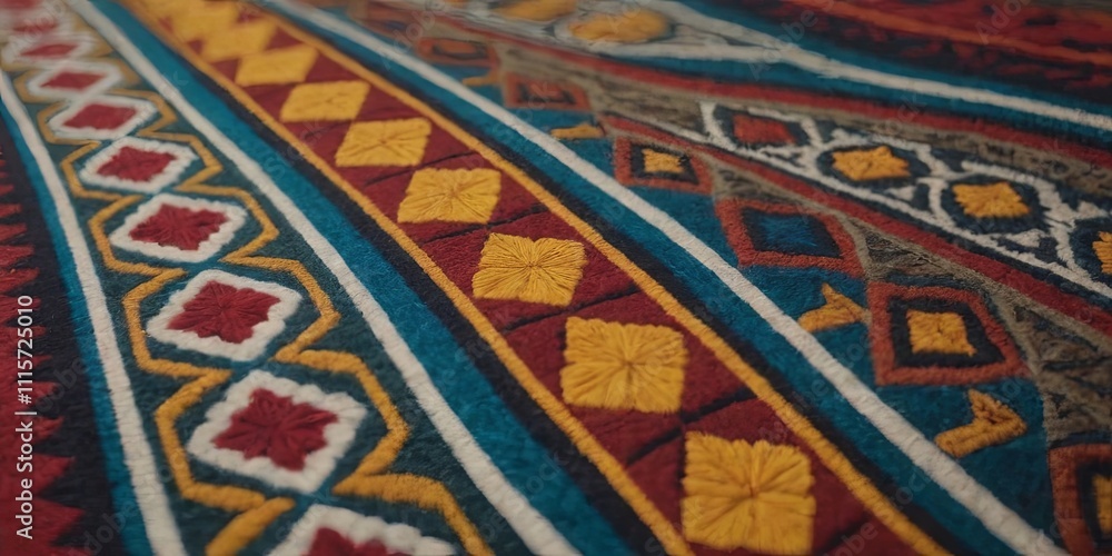 Poster a colorful rug with a pattern of squares and triangles