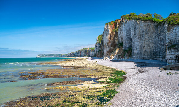 h&uuml;bsche K&uuml;ste mit Kreidefelsen im Ferienort Yport, Normandie, Frankreich, Europa