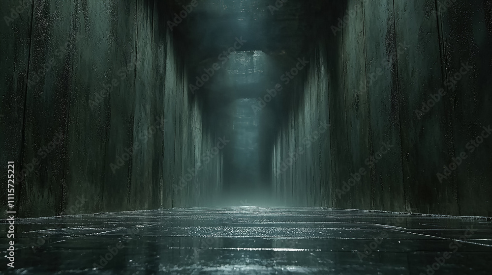Aufkleber mysterious damp corridor with walls and reflections illuminated in a dark, atmospheric environment. 