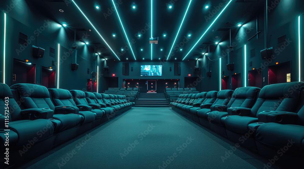 Poster an expansive cinema with rows of black and teal-colored seats, illuminated by bright lights from the