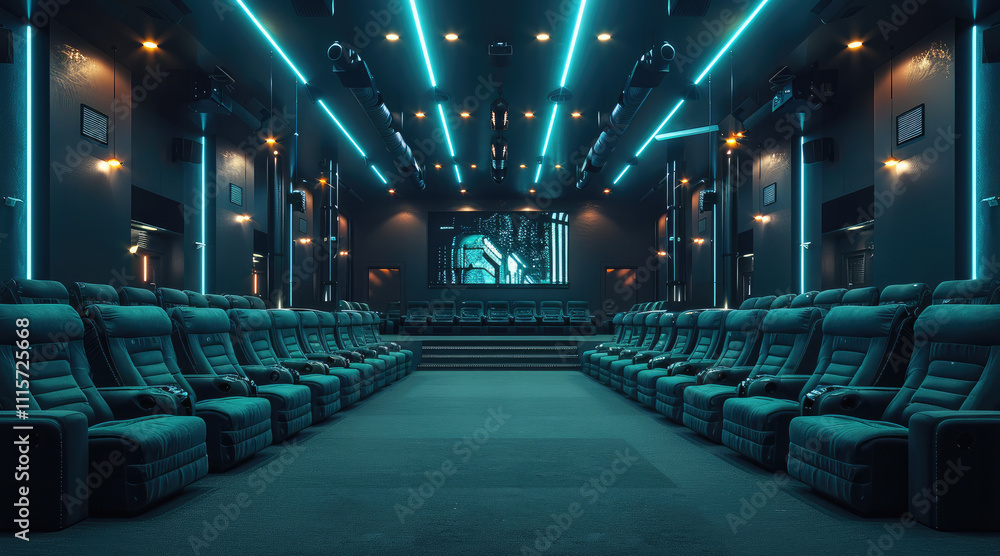 Aufkleber an expansive cinema with rows of black and teal-colored seats, illuminated by bright lights from the