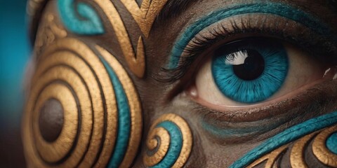 A woman's face is painted with gold and blue swirls, and her eye is blue