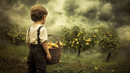 A child facing a dying orchard under a smoky sky, holding a basket of rotten fruit, symbolizing the environmental cost and hope for renewal