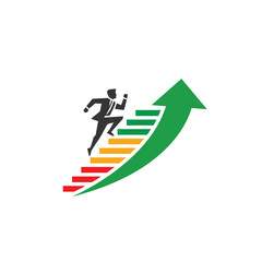 a businessman ascending colorful steps symbolizing growth and progress, accompanied by a dynamic green arrow indicating upward movement. Represents ambition, goal achievement, and career advancement.