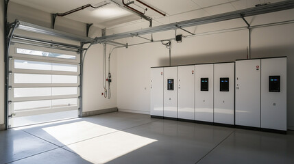 System magazynowania energii elektrycznej w postaci baterii został zamontowany w garażu, oferując niezależne źr&oacute;dło energii.