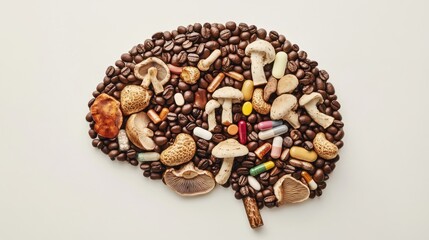 Obraz premium Brain shape made of coffee beans, mushrooms, and pills.