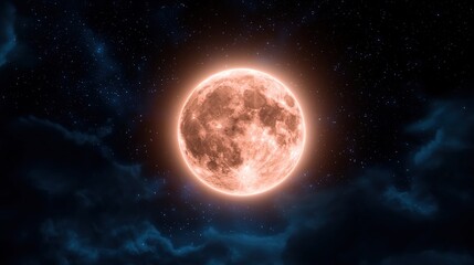 Naklejka premium Full Orange Moon Night Sky Celestial Space Stars Night Clouds Lunar Astronomy Cosm