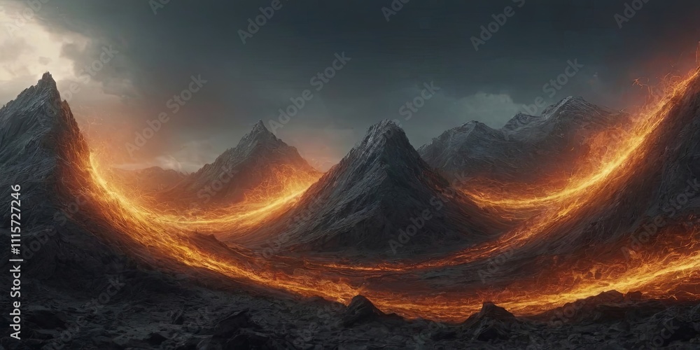 Poster a fiery mountain range with a lava flow
