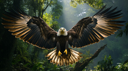 Naklejka premium Orzeł w pełnej chwale rozpościera swoje skrzydła na tle zielonego lasu. 