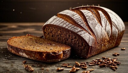 Whole grain rye bread with seeds on a wooden table. AI generated.