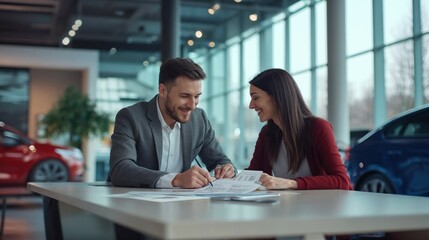 Car dealership consultation with salesperson and customer reviewing paperwork together. Professional automotive sales meeting capturing positive interaction in modern showroom environment