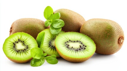 Fototapeta premium Neatly Sliced Kiwi with Seeds on White Background