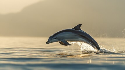 Obraz premium A dolphin leaps gracefully above the water's surface during sunset.