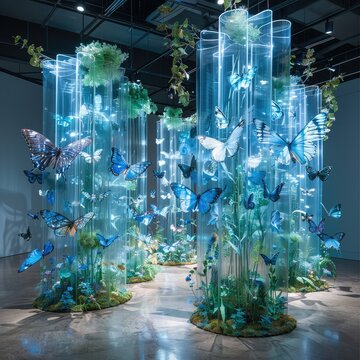 A blue and green installation made of transparent fabric with butterflies, flowers, and plants floating in the air. It is an art display set up inside a large space.