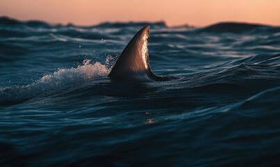 Fototapeta premium A shark fin emerges from the ocean at sunset, capturing nature's beauty.