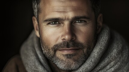 Fototapeta premium Close-up portrait of a man with a scarf, exuding warmth and confidence.