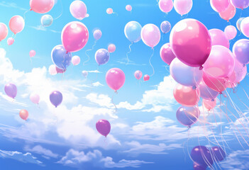 Colorful balloons floating in a bright blue sky with fluffy clouds