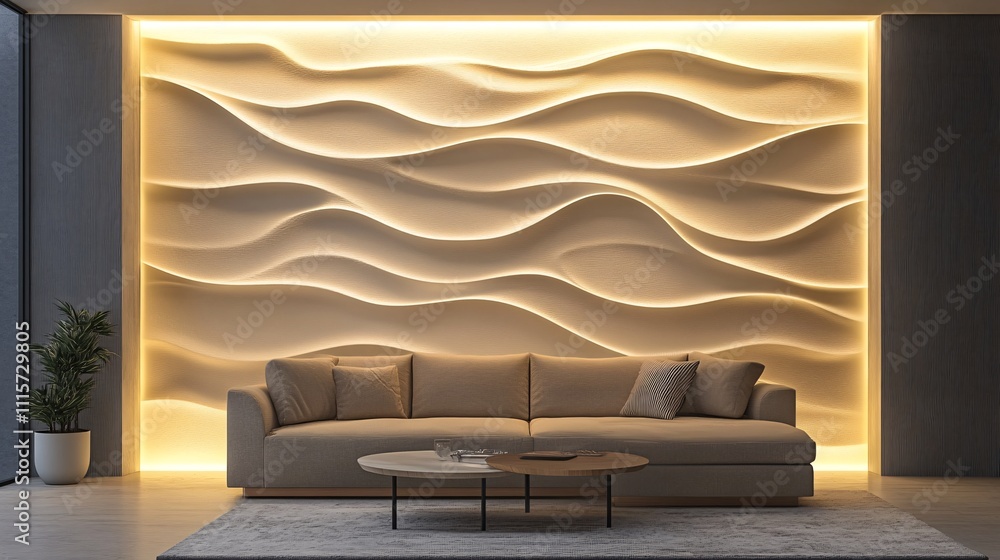 Aufkleber seamless 3d wall design in gold, featuring organic wave-like patterns illuminated with soft gradient