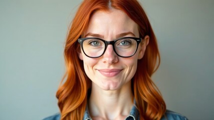 Fototapeta premium Portrait of cute hipster woman in glasses with red hair on plain background