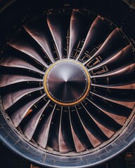 Close-up view of a jet engine turbine showcasing its intricate design.
