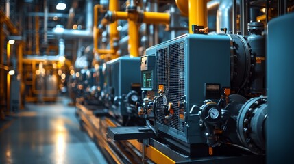 Obraz premium Large industrial generator in natural gas facility pipes and control systems emphasized