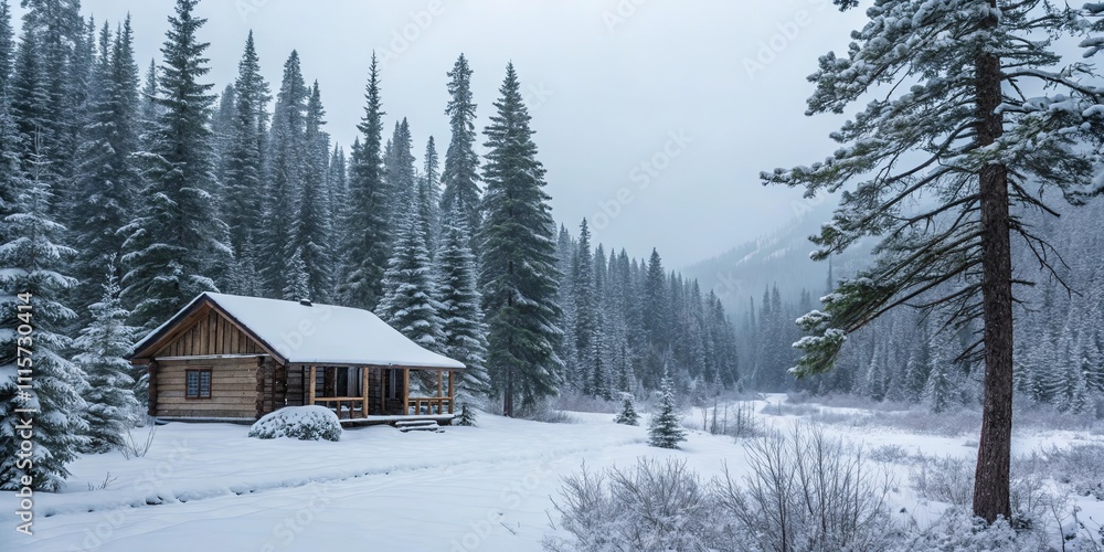 Poster a cabin in the woods is surrounded by snow and trees