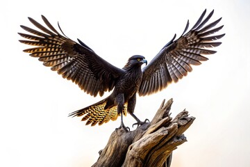 Obraz premium Stunning Silhouette of Aguja Bird in Hawk Family on Dead Tree Stump with Wings Spread, Isolated on White Background, Perfect for Nature and Wildlife Photography