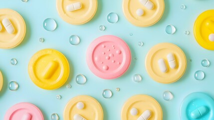 Fototapeta premium Pastel-colored buttons with pills on a blue background. Perfect for healthcare, wellness, or pharmaceutical concepts.