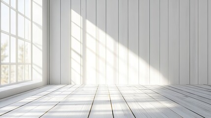 Obraz premium empty white wooden with modern kitchen room product backdrop kitchen background. with blurred window.