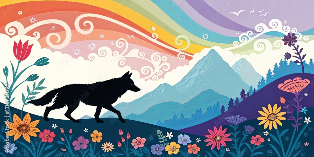Poster a dog is walking through a field of flowers with mountains in the background