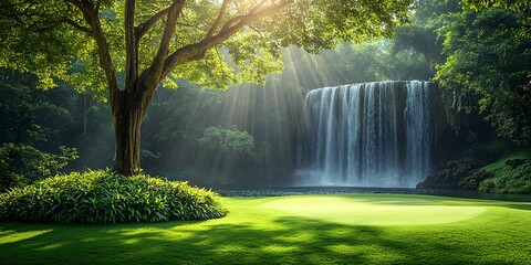 Naklejka premium Beautiful corner in a golf course with neat grass, shady trees, water or waterfalls to provide freshness, giving a sense of peace and relaxation. Suitable for promoting resorts and tourism campaigns.