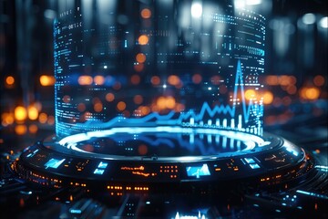 A large ring of holograms in the space displays economic data and stock charts related to data science and networking. The data center is blurred in the background.