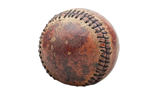Old worn baseball resting on a white background, highlighting its history and character from countless games over the years