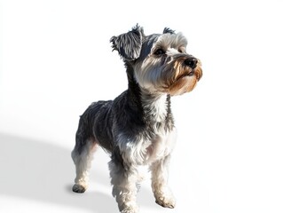 Bright portrait of a playful schnauzer dog in close-up studio photography