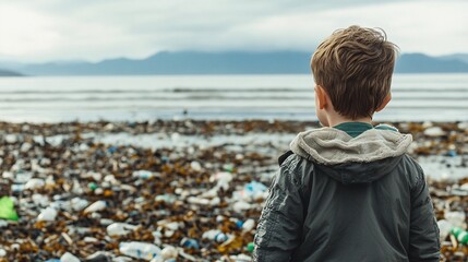 Fototapeta premium A child facing a vast ocean littered with plastic waste, the sky above them a dull gray, capturing the despair of environmental degradation