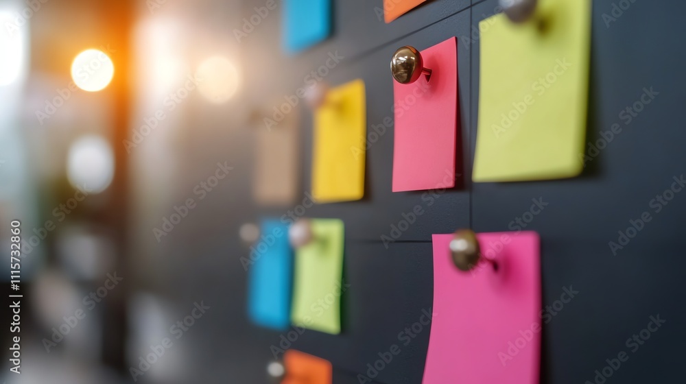 Poster a colorful array of sticky notes are pinned to a cork board.