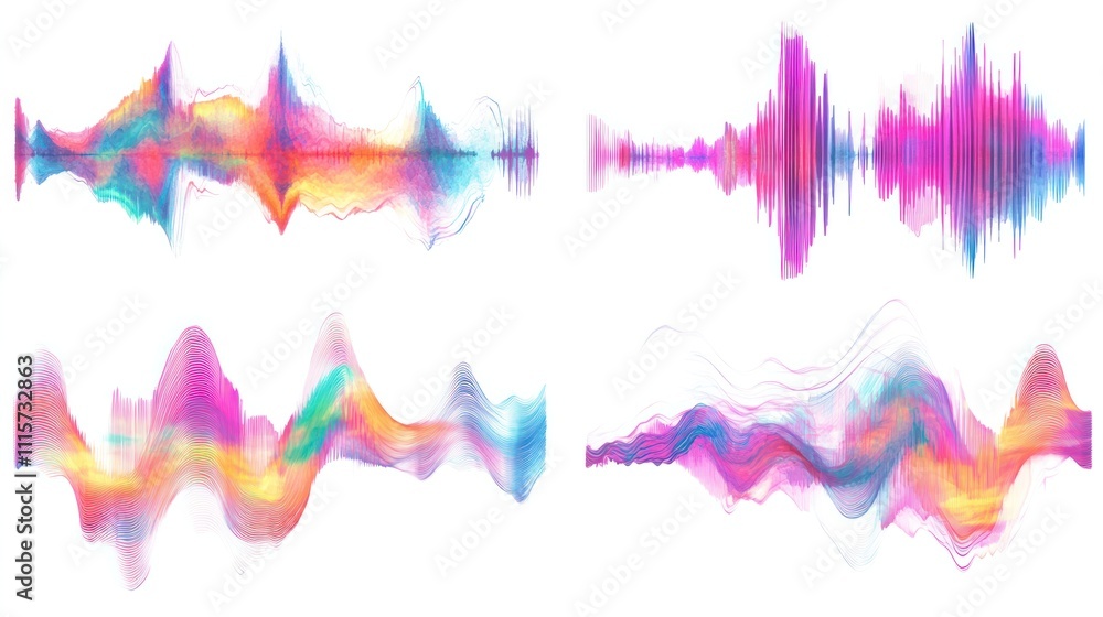 Poster a set of colorful soundwave graphics displayed on a white background, illustrating the concept of mu