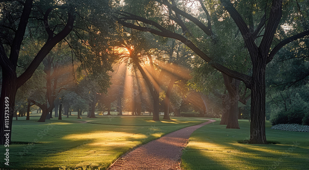 Poster a peaceful park at dawn. soft sunlight rises through the trees, creating soft, golden rays of light 