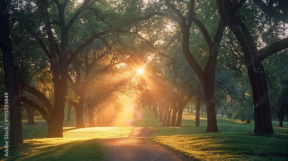 Poster a peaceful park at dawn. soft sunlight rises through the trees, creating soft, golden rays of light 