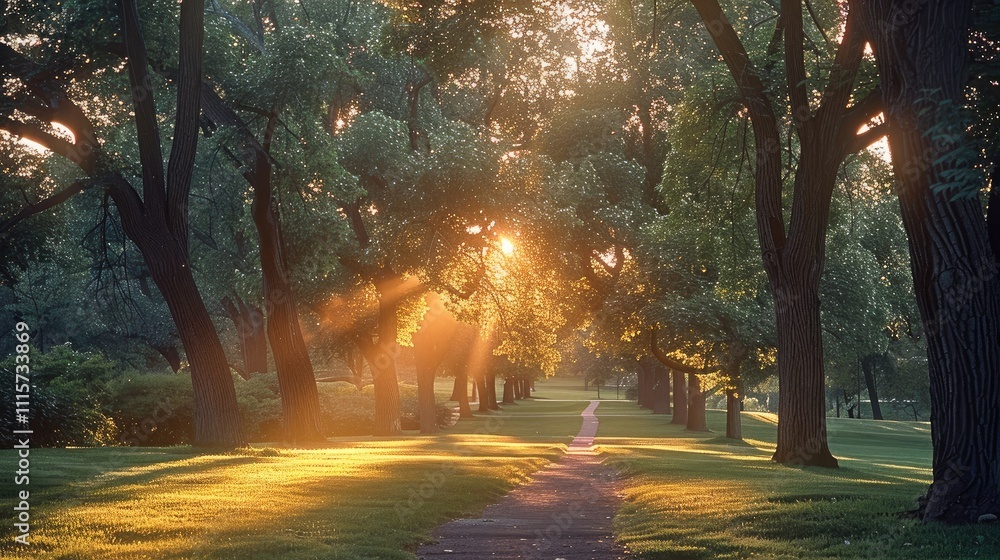 Poster a peaceful park at dawn. soft sunlight rises through the trees, creating soft, golden rays of light 