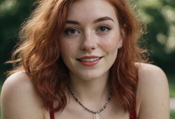Fototapeta premium A woman with red hair and freckles wears a vibrant purple dress