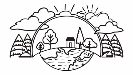 Naklejka premium A drawing of a landscape with a house and trees