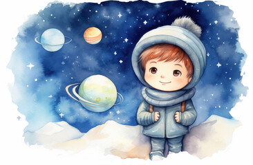 Cute Kid in Space Winter Suit Illustration Wall Art