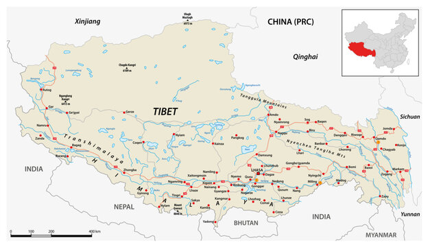 Detailed map of the Tibet Autonomous Region, China