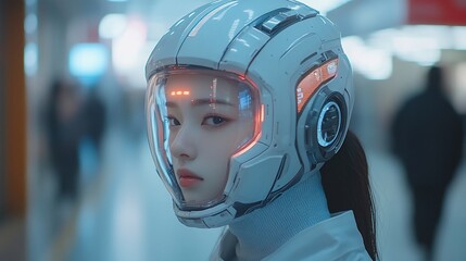 Fototapeta premium Woman in futuristic helmet, serious expression, urban setting.