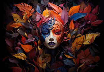 Surreal female portrait with colorful autumn leaves illustration
