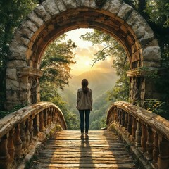 The girl is standing in the middle of an old bridge. A fabulous atmosphere. The beginning of the path.