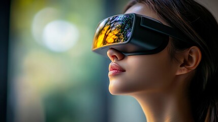 Woman wearing VR headset, focused on virtual reality experience.
