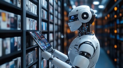 Fototapeta premium A humanoid robot browsing a digital library filled with media.