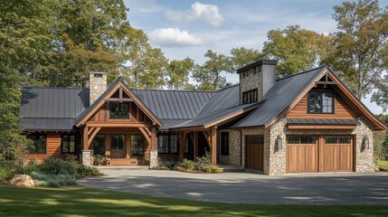 Naklejka premium Modern rustic home with stone and wood accents in a natural setting.